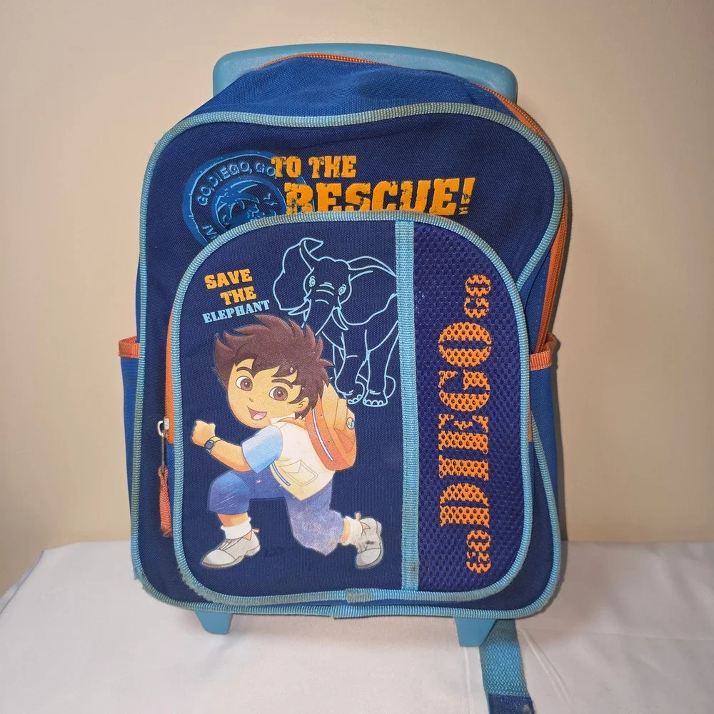 Vtg Rare Go Diego Go Kids Rolling Backpack Blue Orange To The Rescue‎ 15 inch